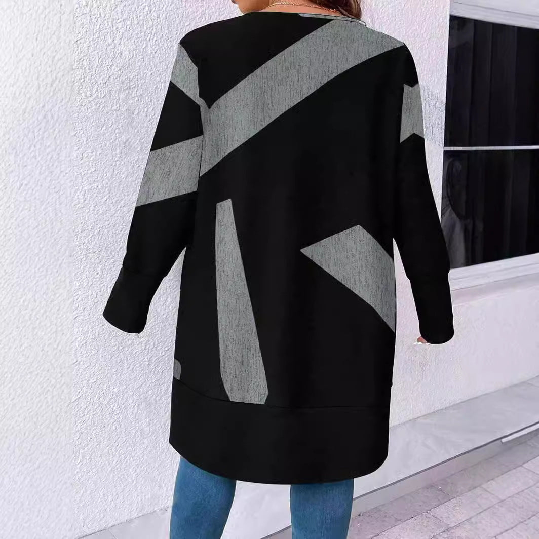 Loose Casual Plus Size Knitwear Cardigan Button Stitching Printing Coat