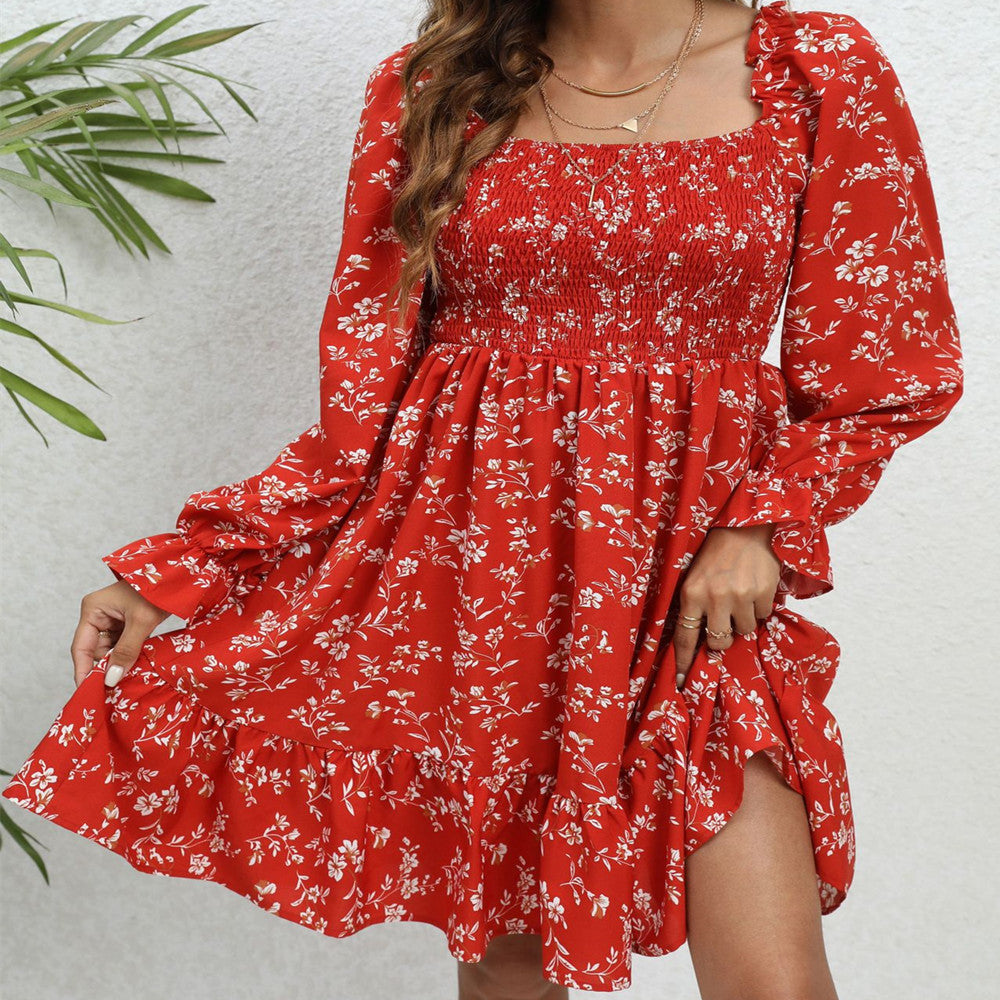 Spring And Summer Floral Long Sleeve Mid-length Dress