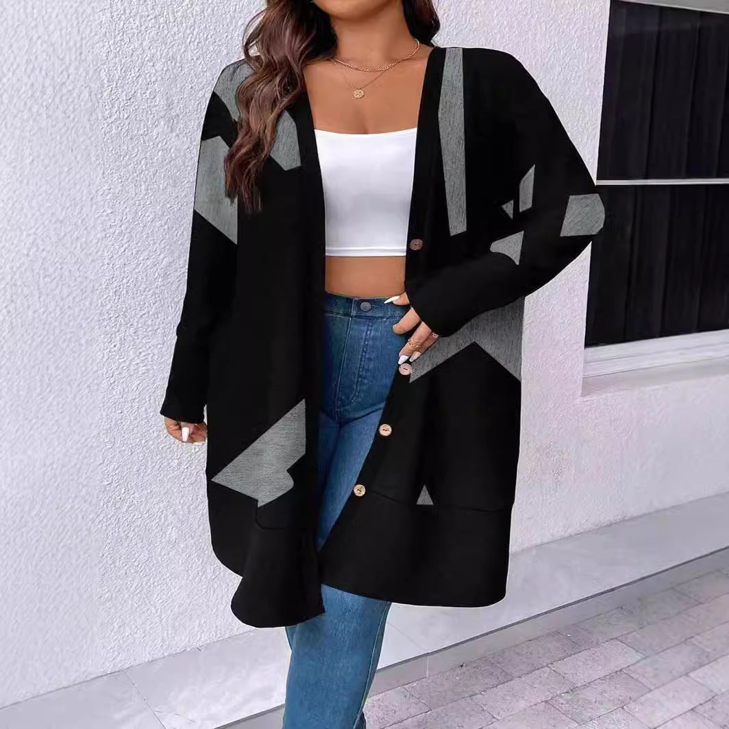 Loose Casual Plus Size Knitwear Cardigan Button Stitching Printing Coat