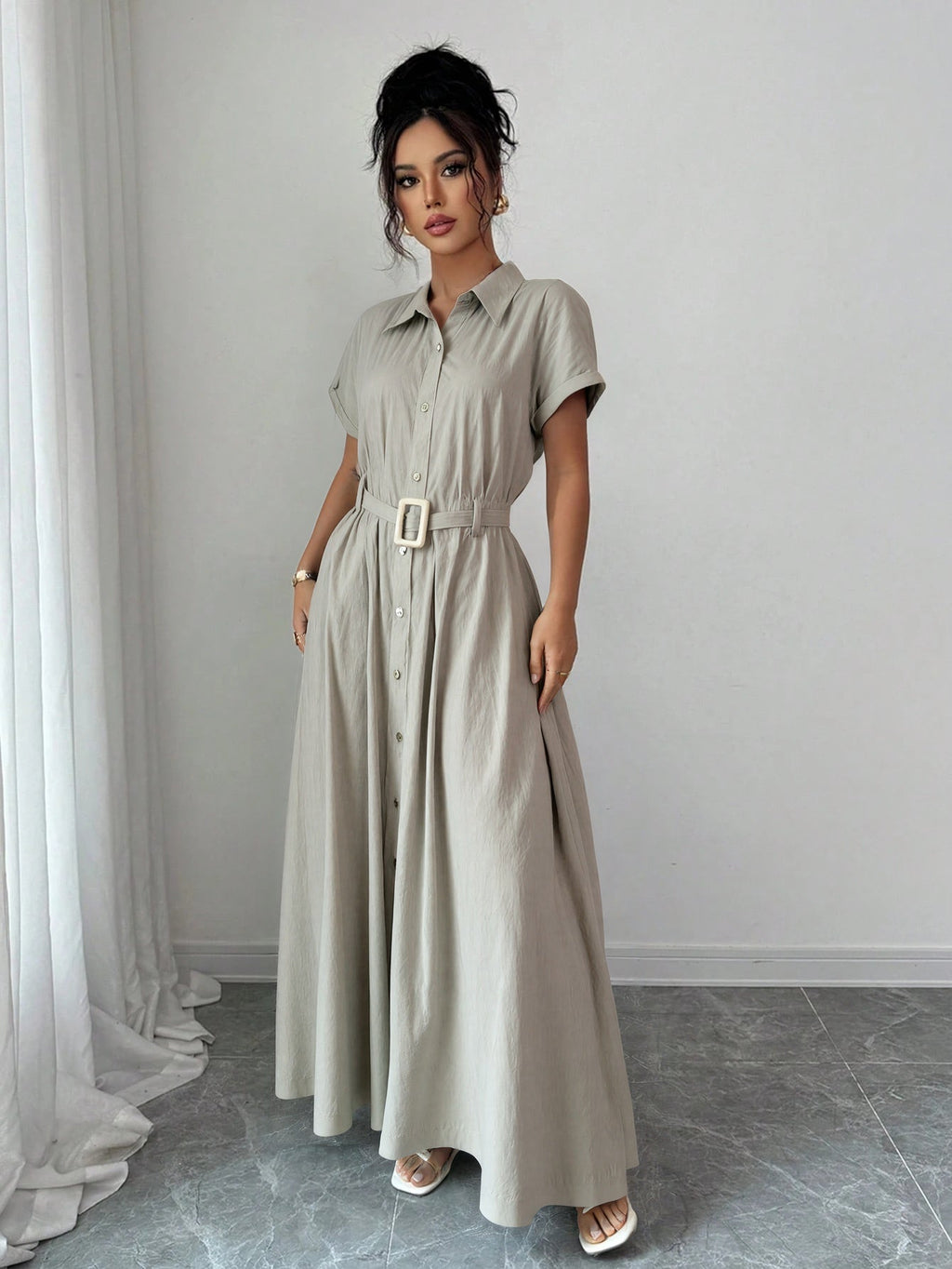 Short-Sleeve Shirt Waist-Cinched Maxi Dress