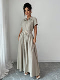 Short-Sleeve Shirt Waist-Cinched Maxi Dress