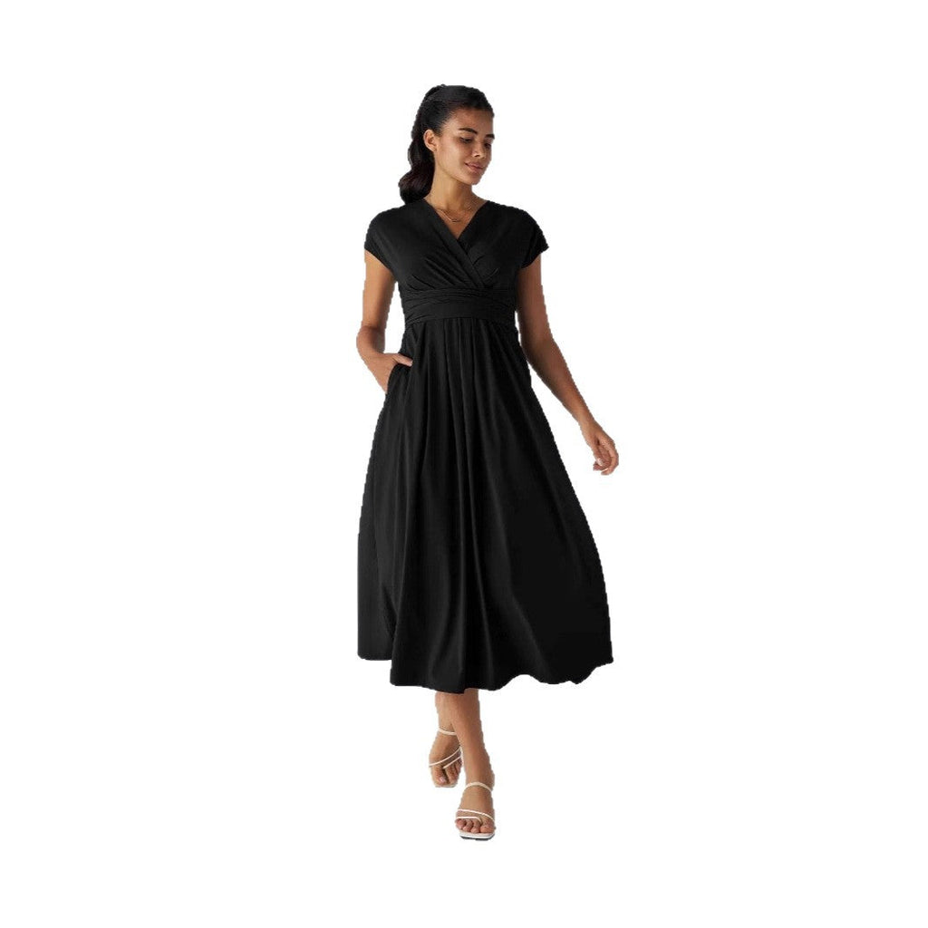 Solid Color Overlapping V-neck Short Sleeve Side Pocket Lace-up Quick-drying Mid-length Casual Dress
