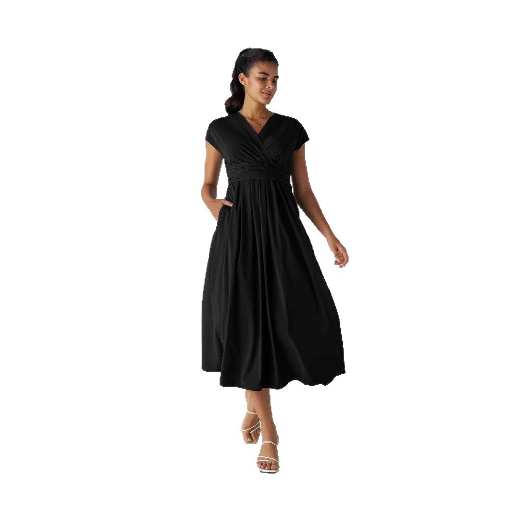 Solid Color Overlapping V-neck Short Sleeve Side Pocket Lace-up Quick-drying Mid-length Casual Dress