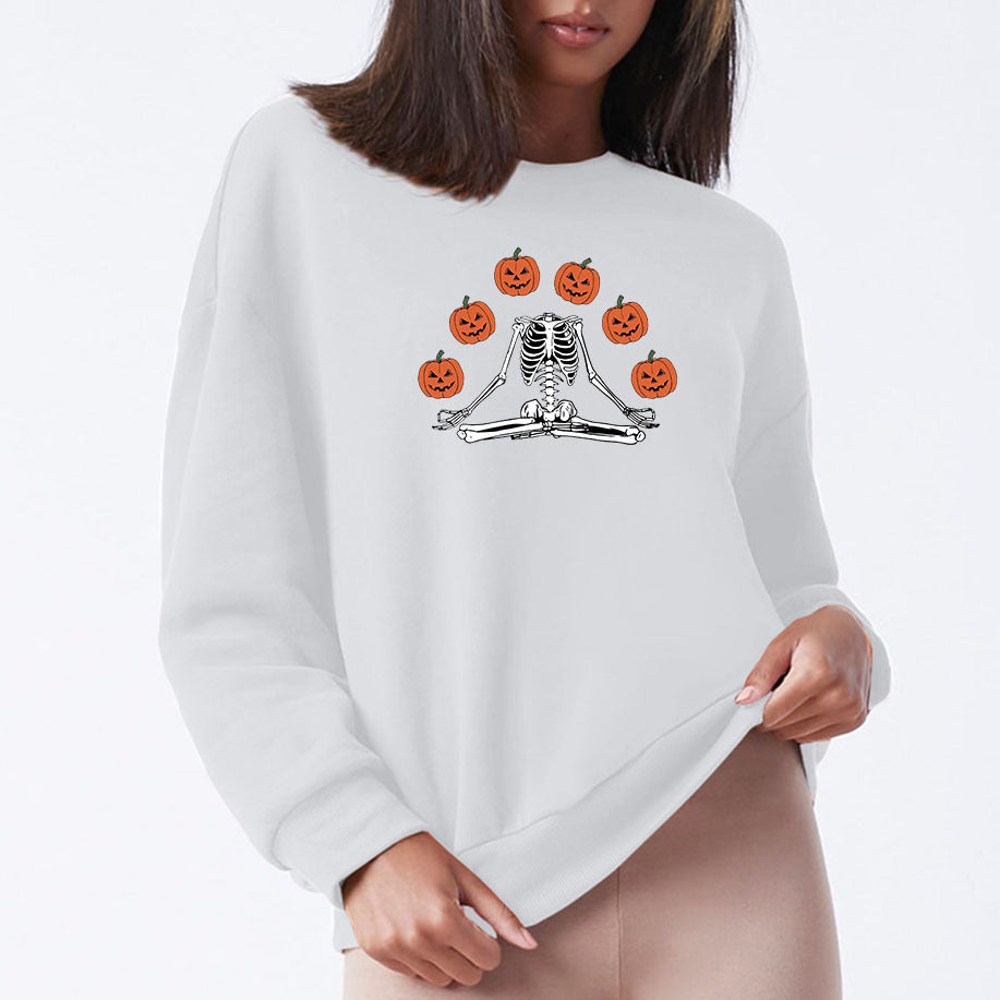 Female Wansheng Pumpkin Skull Printed Crew Neck Sweatshirt