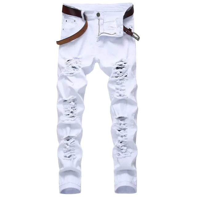 White Staight Jeans RIipped Distressed Jeans