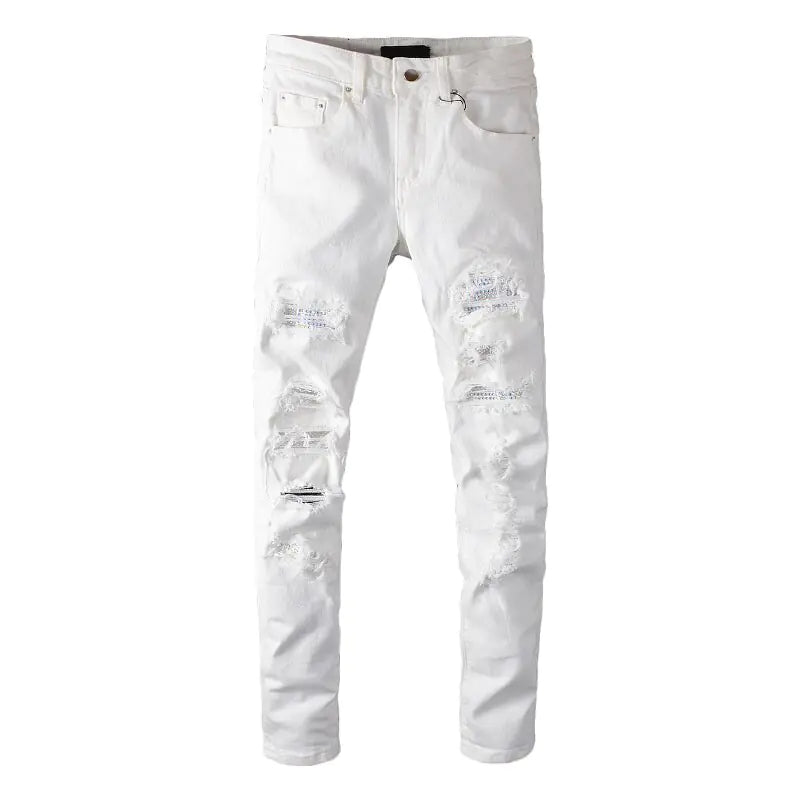 Men’s High Skinny Stretch White Slim Fit Ripped Jeans