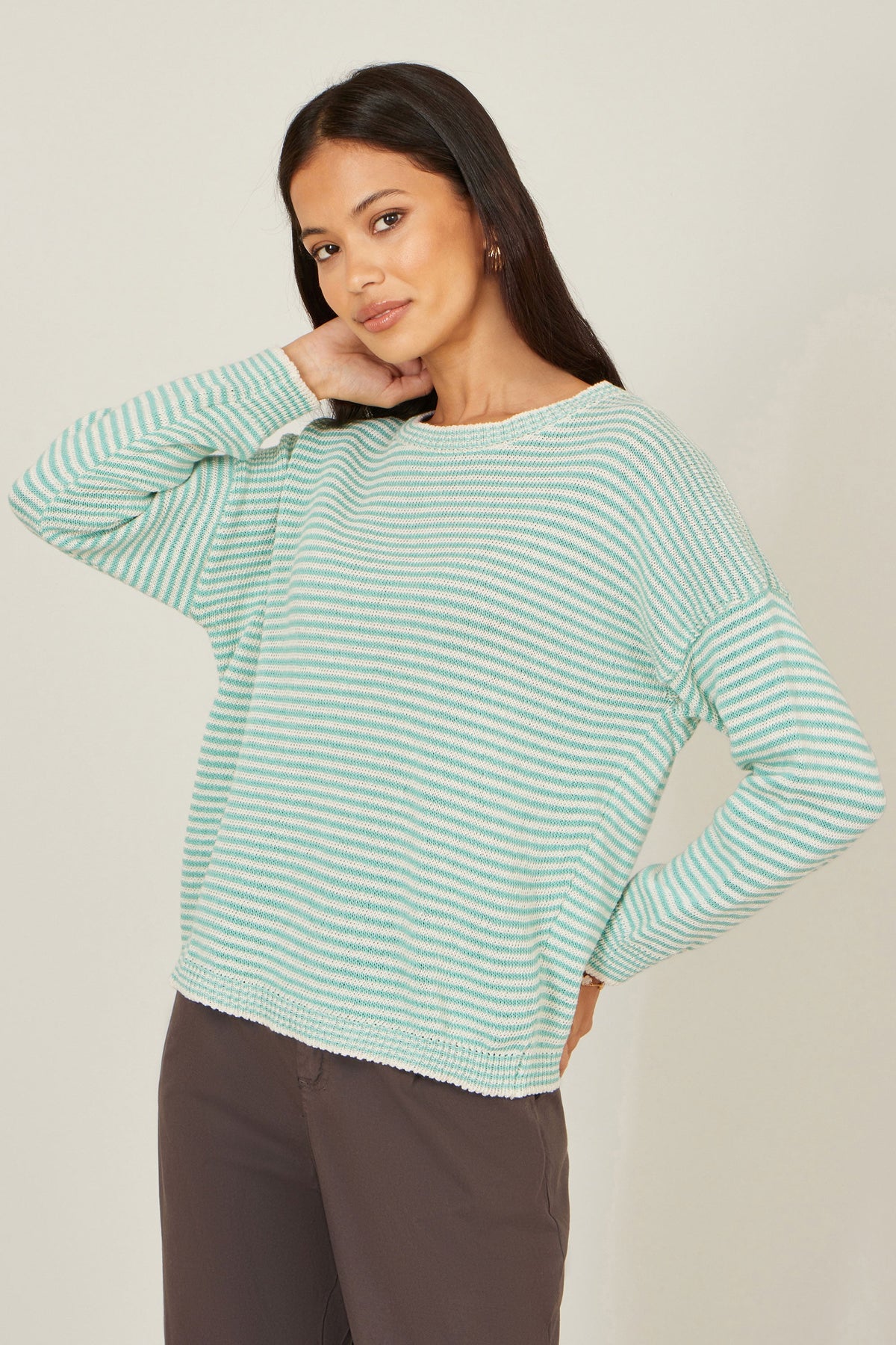 Yumi Sea Green Knitted Stripe Relaxed Jumper