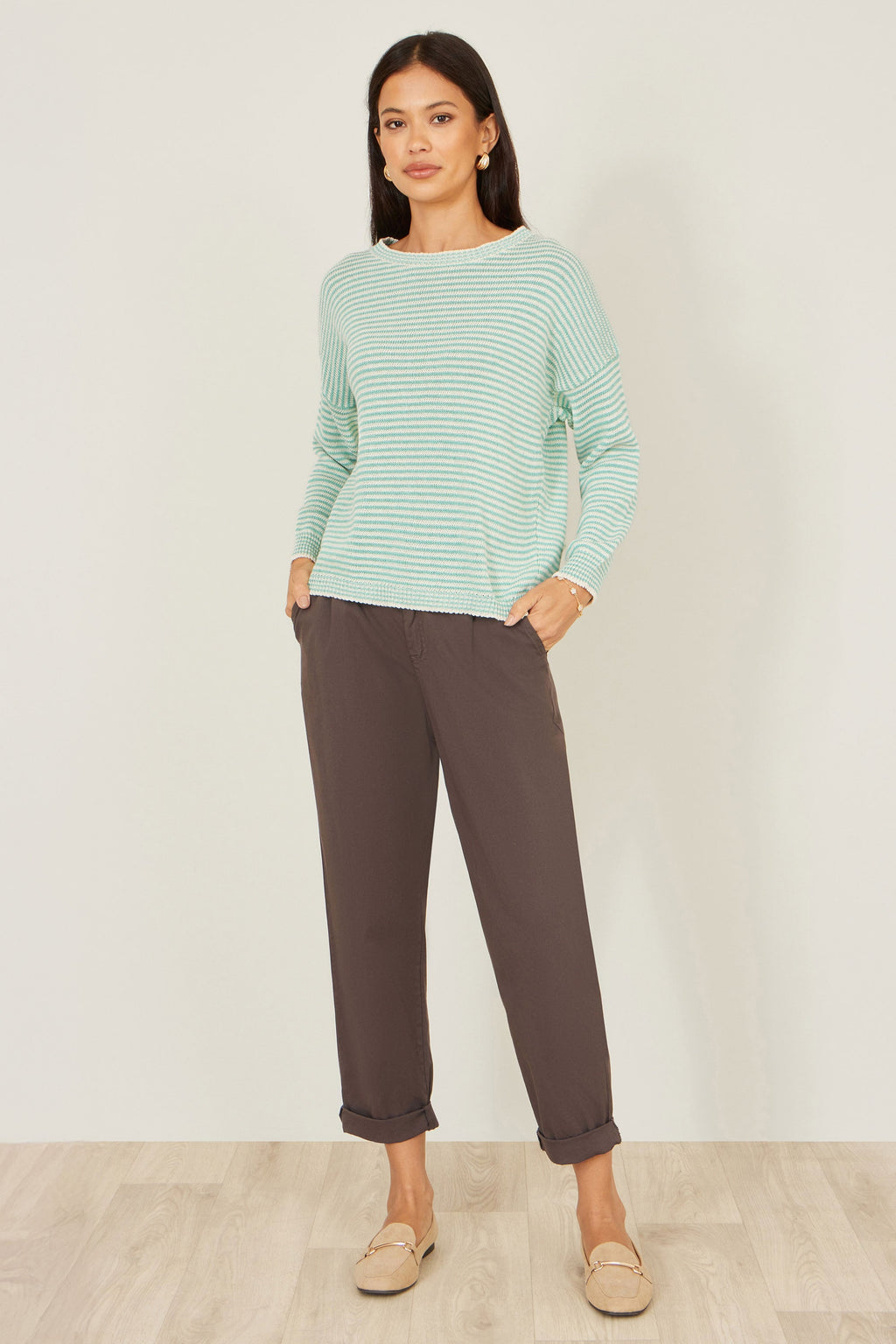Yumi Sea Green Knitted Stripe Relaxed Jumper