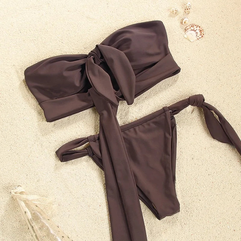 Hollow Out Solid Color Bandage Bikini Set